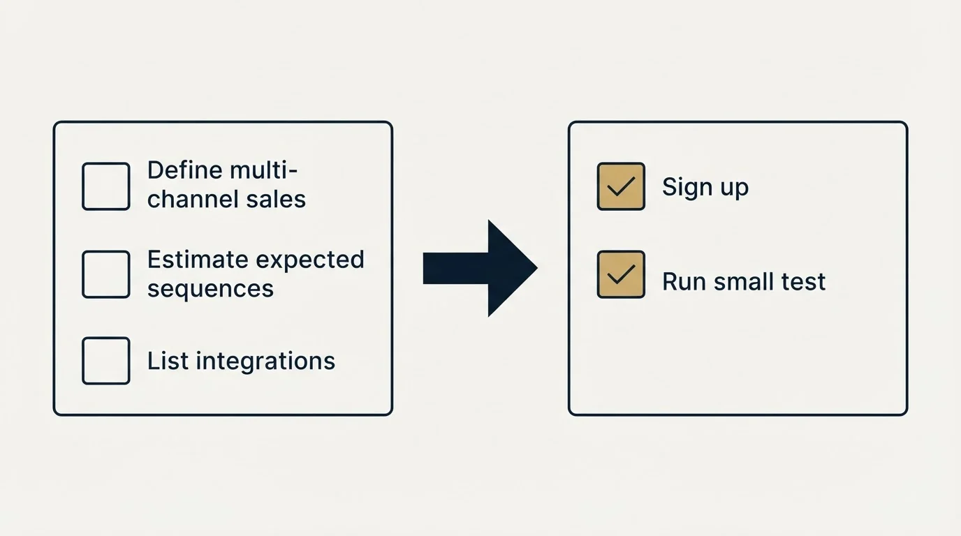 Before-and-after steps: Getting Started Checklist (Define multi-channel sales, Estimate expected sequences, List integrations, Sign up)