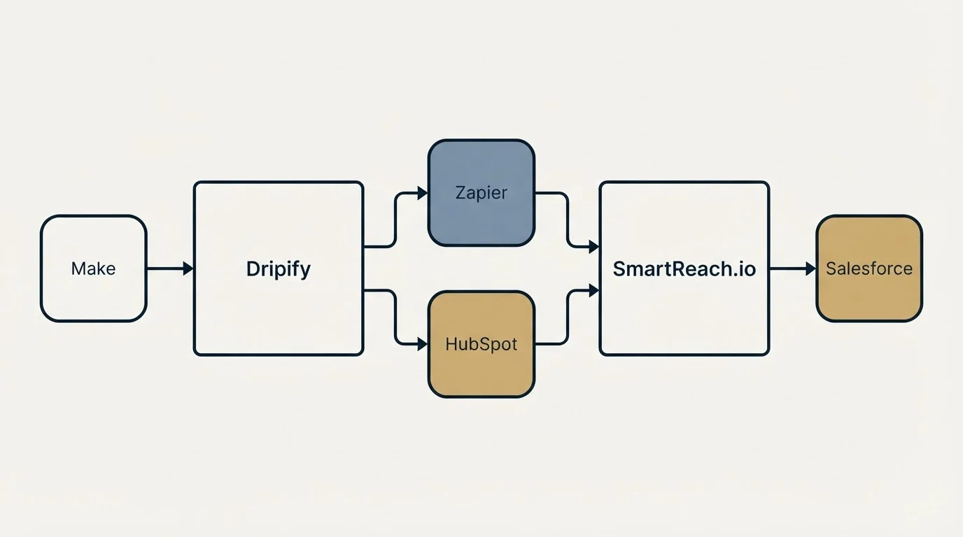 Integration schematic: Integration Ecosystem (Dripify, SmartReach.io, Zapier, HubSpot)