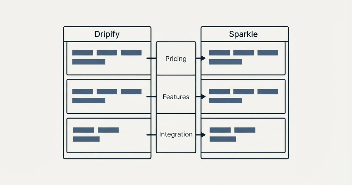 Comparison panel: Dripify vs Sparkle (Pricing, Features, Integration)