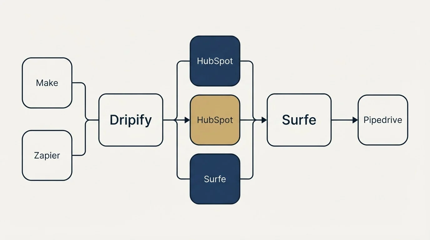 Integration flow: Integration Ecosystem (Dripify, Surfe, HubSpot, Make)