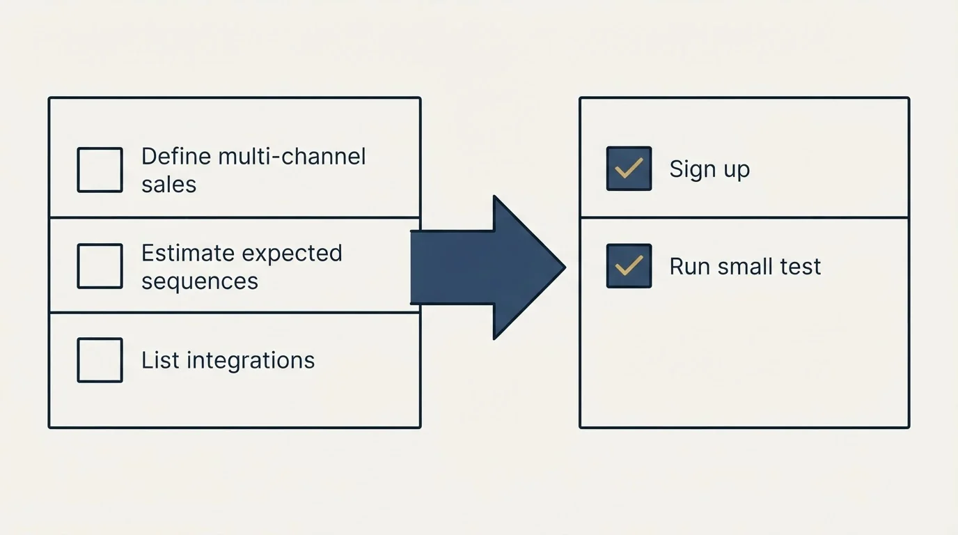 Before-and-after steps: Getting Started Checklist (Define multi-channel sales, Estimate expected sequences, List integrations, Sign up)