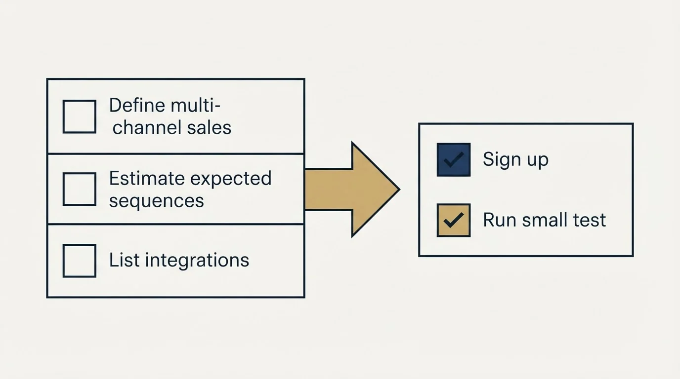 Before-and-after steps: Getting Started Checklist (Define multi-channel sales, Estimate expected sequences, List integrations, Sign up)