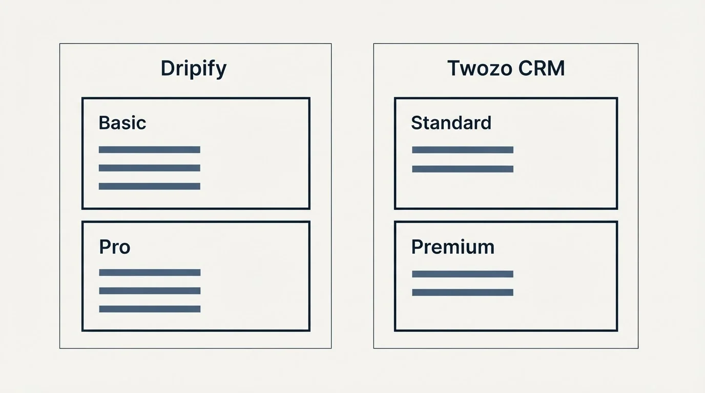 Pricing panels: Pricing Comparison (Dripify, Twozo CRM, Basic, Standard)
