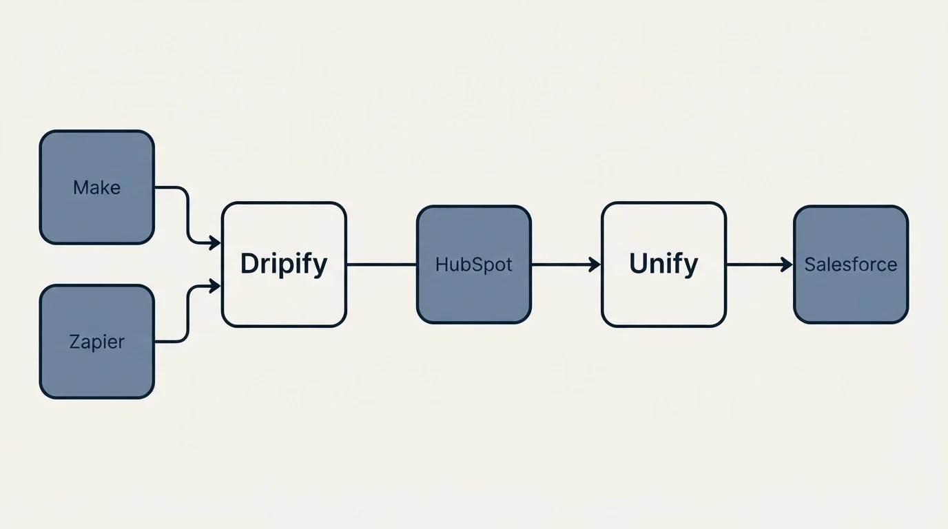 Integration schematic: Integration Ecosystem (Dripify, Unify, HubSpot, Make)