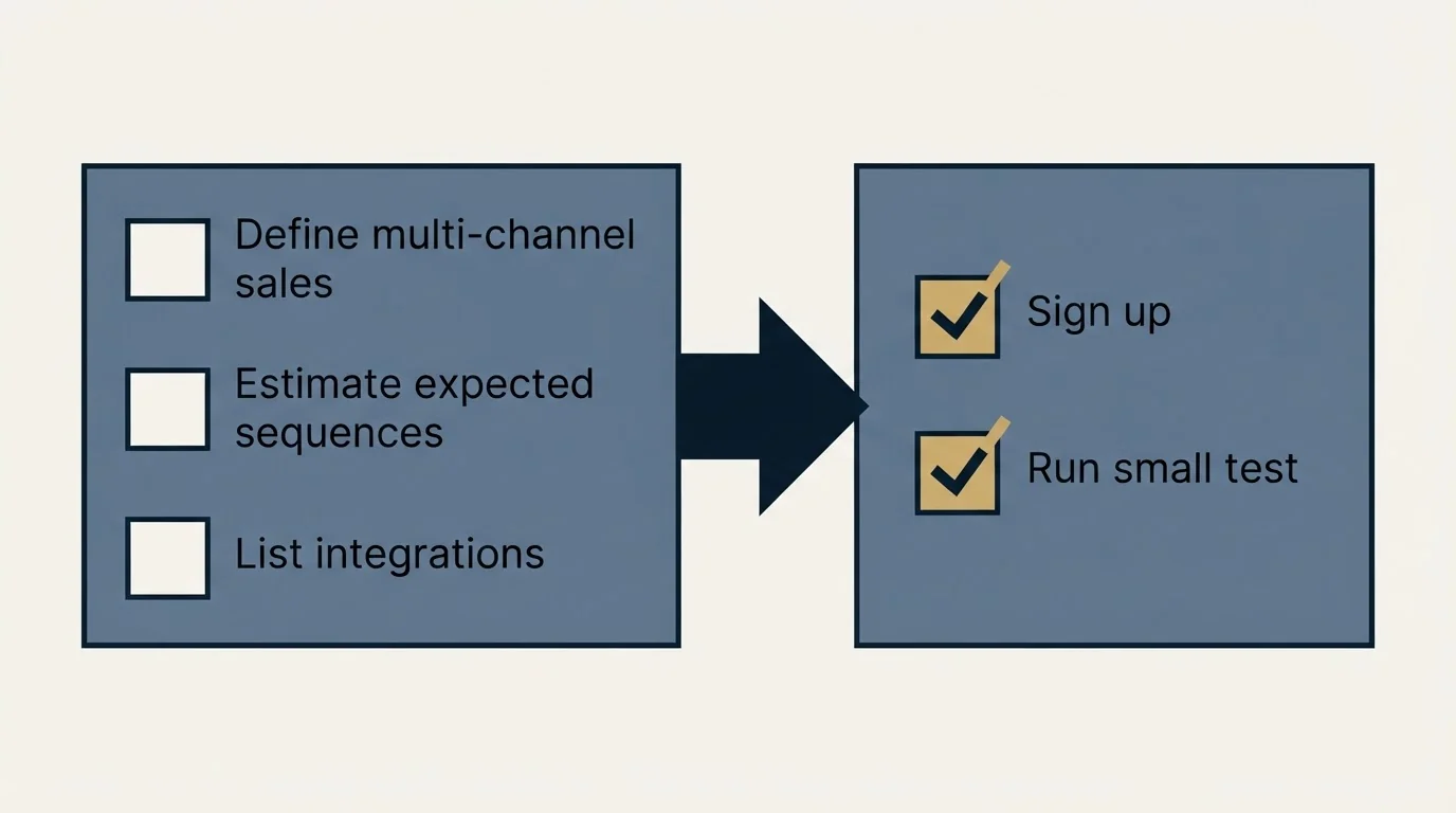 Before-and-after steps: Getting Started Checklist (Define multi-channel sales, Estimate expected sequences, List integrations, Sign up)