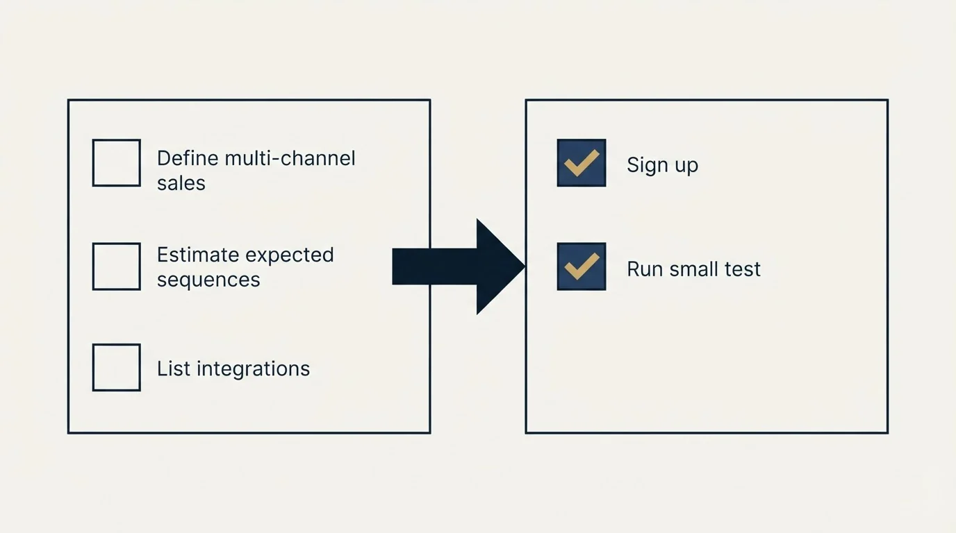 Before-and-after steps: Getting Started Checklist (Define multi-channel sales, Estimate expected sequences, List integrations, Sign up)