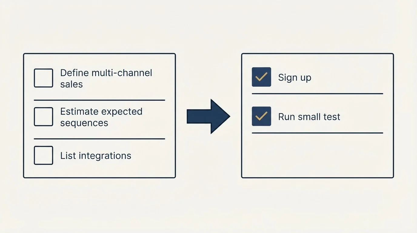 Before-and-after steps: Getting Started Checklist (Define multi-channel sales, Estimate expected sequences, List integrations, Sign up)
