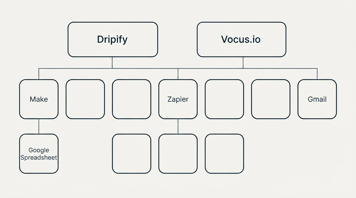 Integration grid: Integration Ecosystem (Dripify, Vocus.io, Zapier, Make)