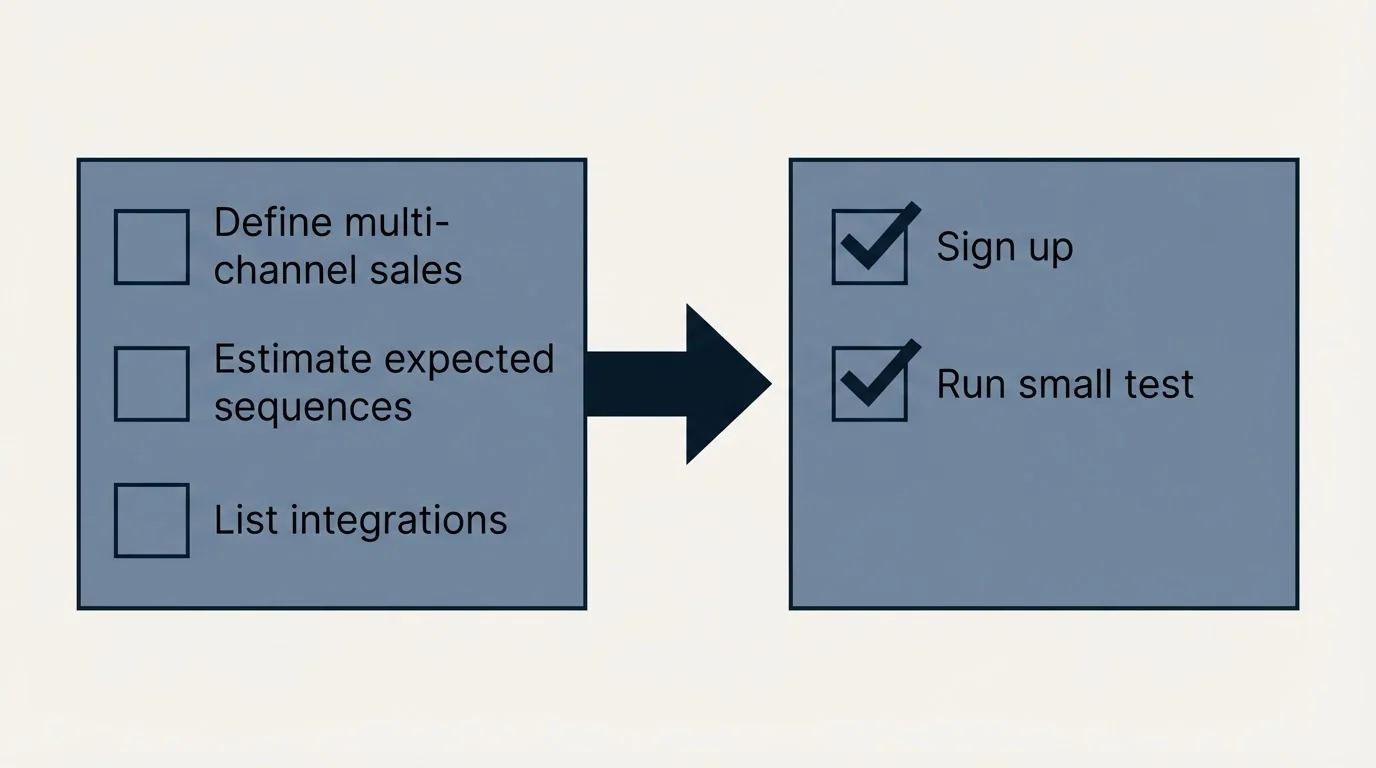 Before-and-after steps: Getting Started Checklist (Define multi-channel sales, Estimate expected sequences, List integrations, Sign up)