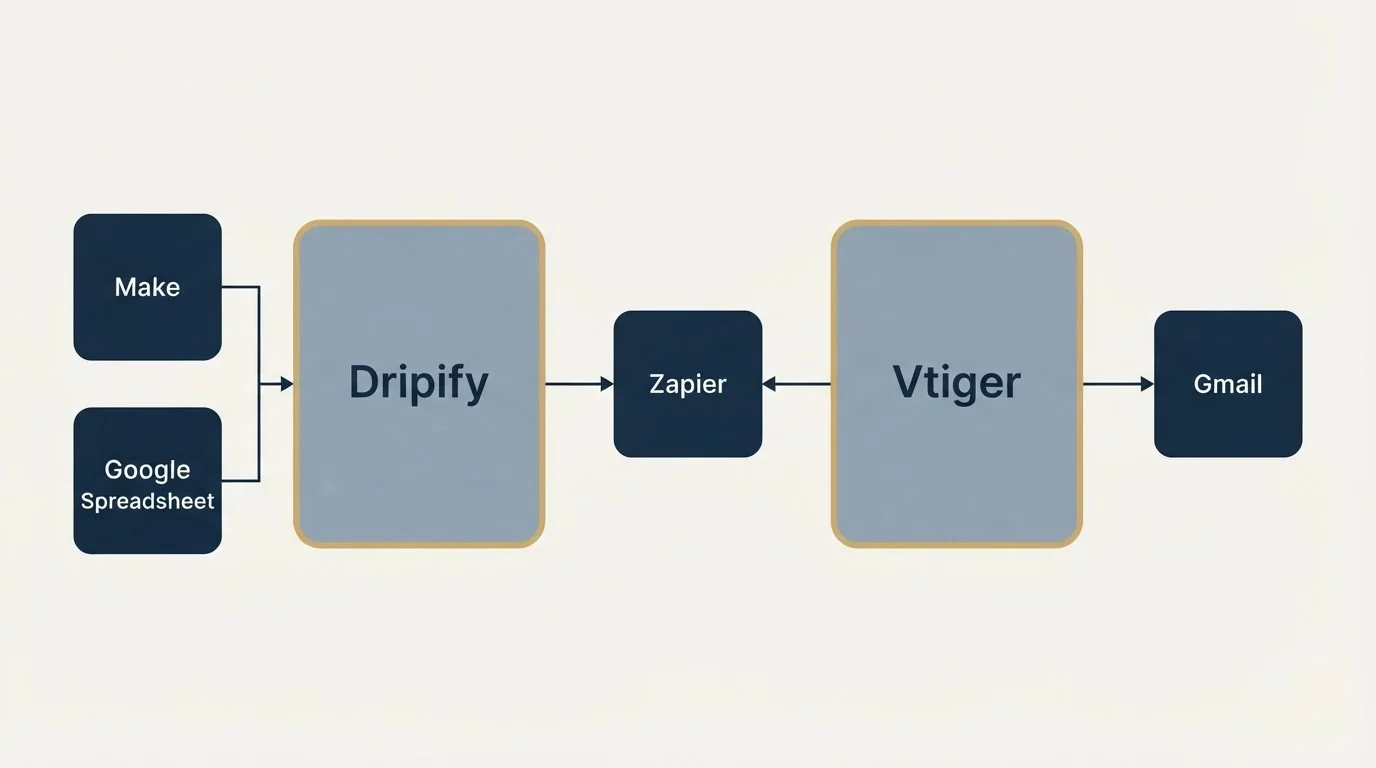 Integration flow: Integration Ecosystem (Dripify, Vtiger, Zapier, Make)