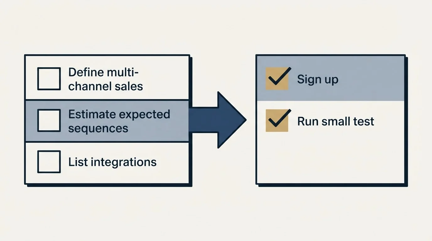Before-and-after steps: Getting Started Checklist (Define multi-channel sales, Estimate expected sequences, List integrations, Sign up)