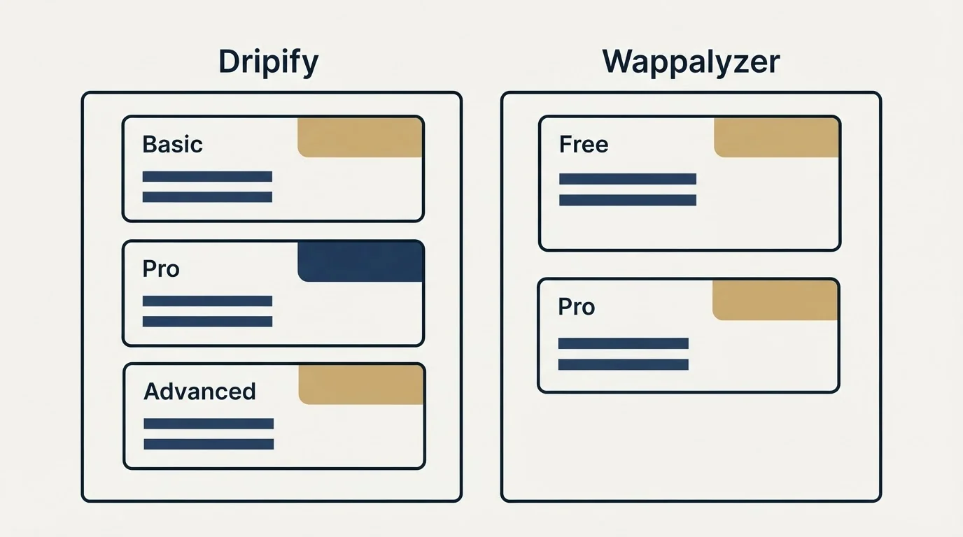 Pricing panels: Pricing Comparison (Dripify, Wappalyzer, Basic, Free)