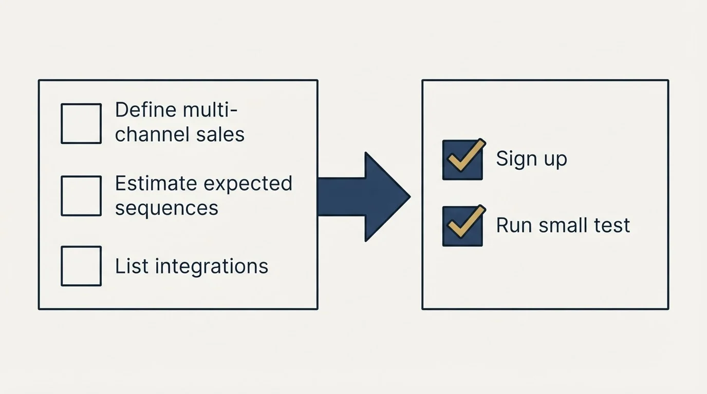 Before-and-after steps: Getting Started Checklist (Define multi-channel sales, Estimate expected sequences, List integrations, Sign up)