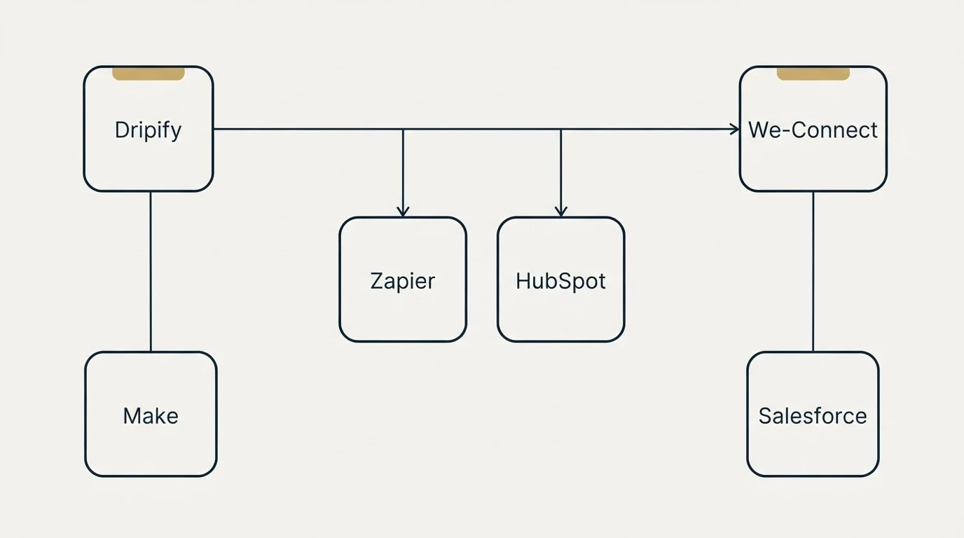 Integration grid: Integration Ecosystem (Dripify, We-Connect, Zapier, HubSpot)