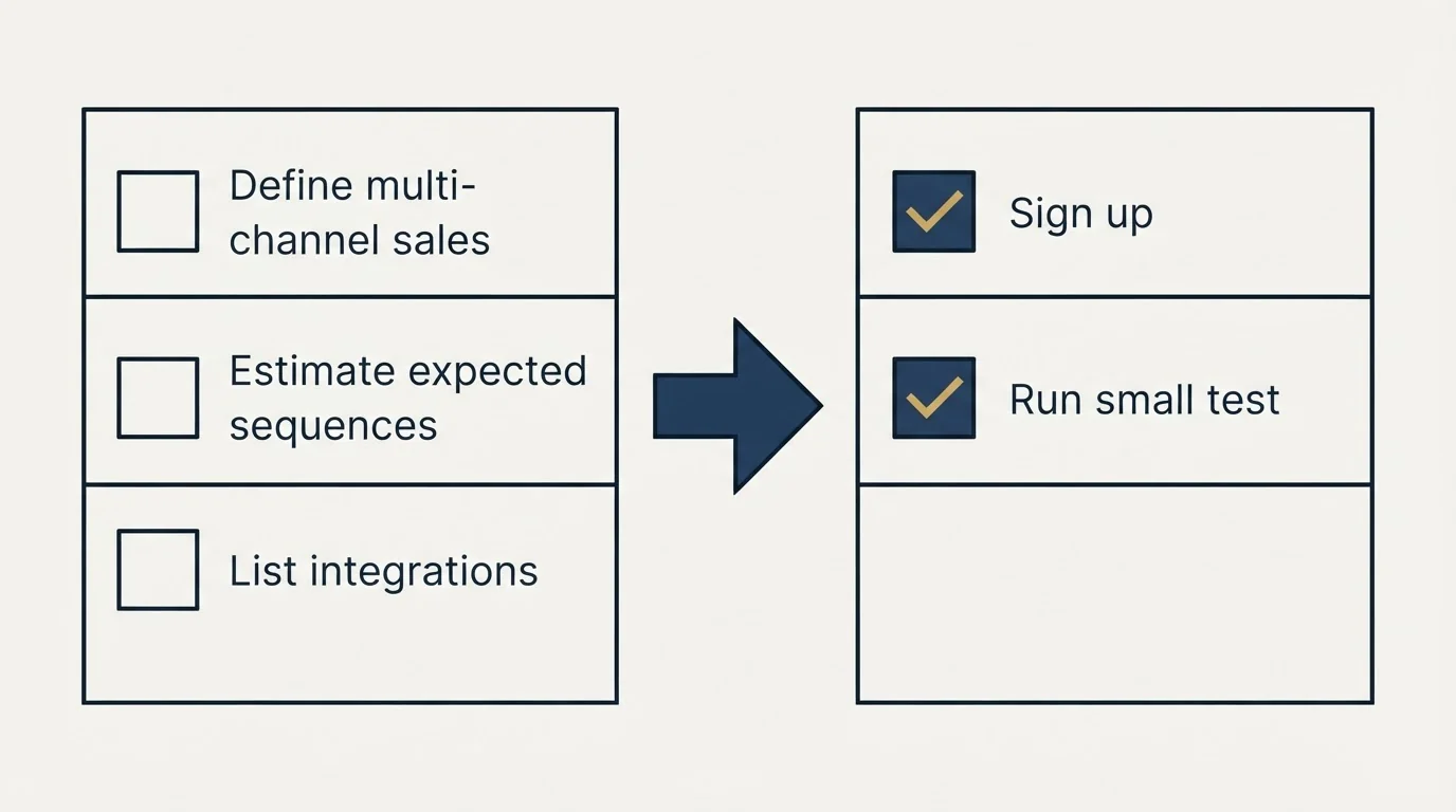 Before-and-after steps: Getting Started Checklist (Define multi-channel sales, Estimate expected sequences, List integrations, Sign up)