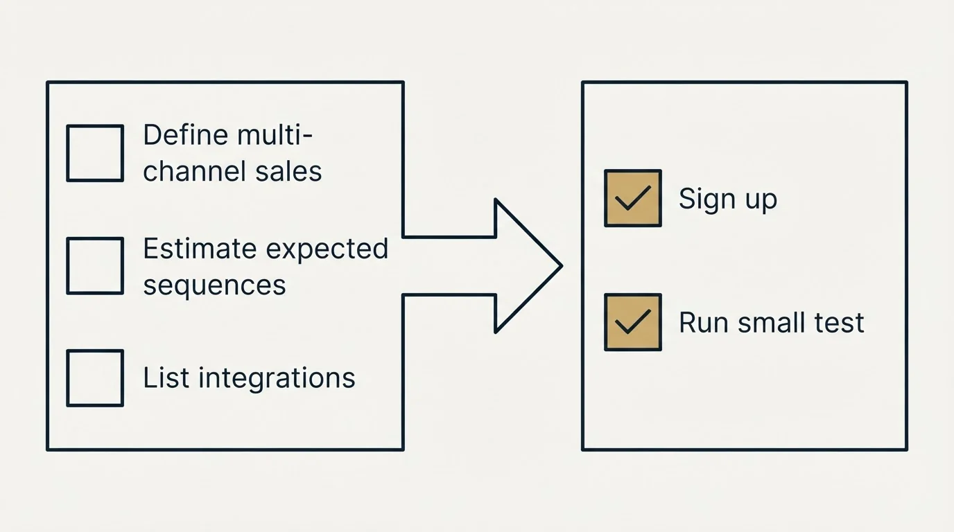 Before-and-after steps: Getting Started Checklist (Define multi-channel sales, Estimate expected sequences, List integrations, Sign up)