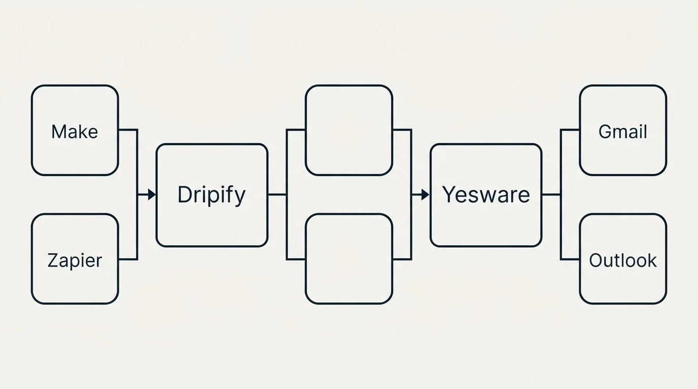 Integration flow: Integration Ecosystem (Dripify, Yesware, Make, Gmail)
