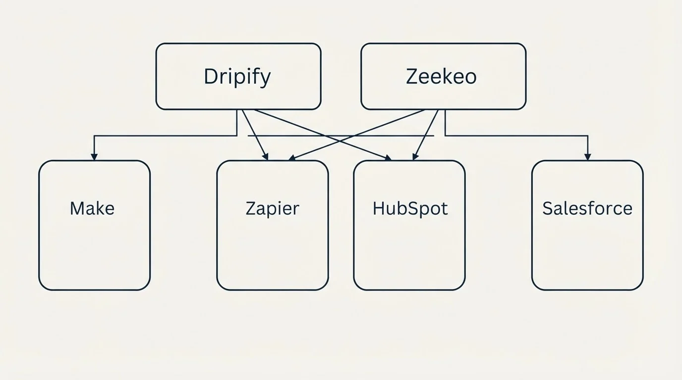 Integration grid: Integration Ecosystem (Dripify, Zeekeo, Zapier, HubSpot)