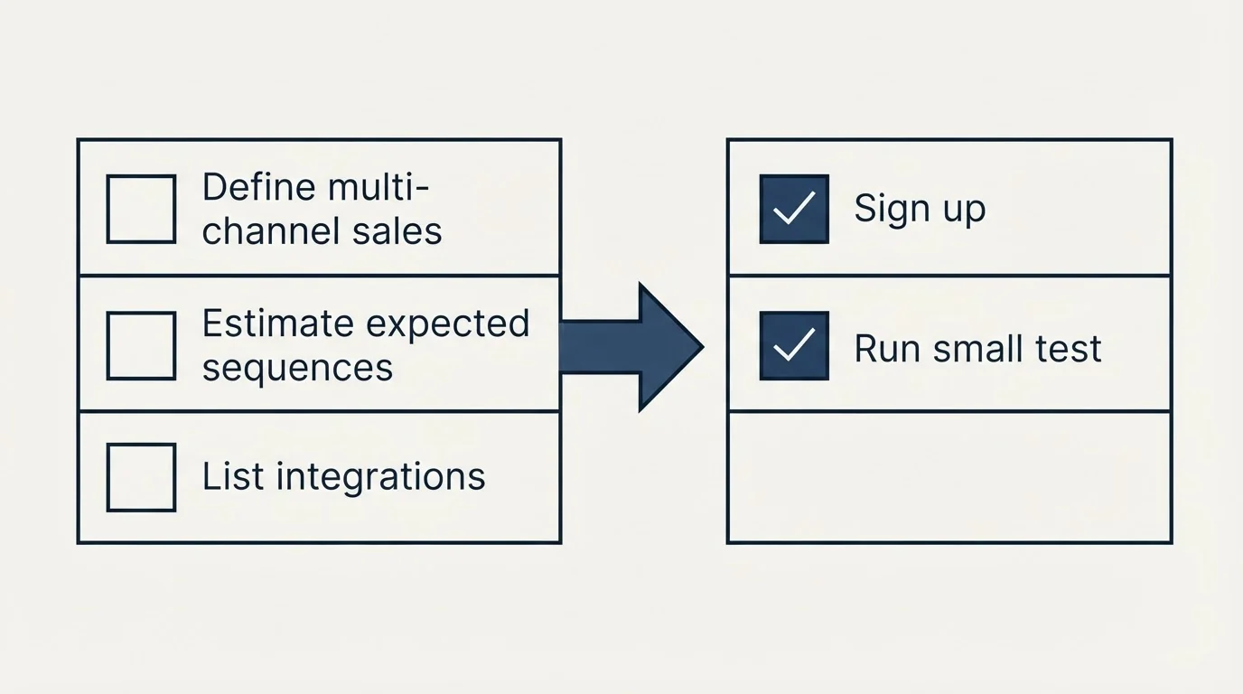 Before-and-after steps: Getting Started Checklist (Define multi-channel sales, Estimate expected sequences, List integrations, Sign up)