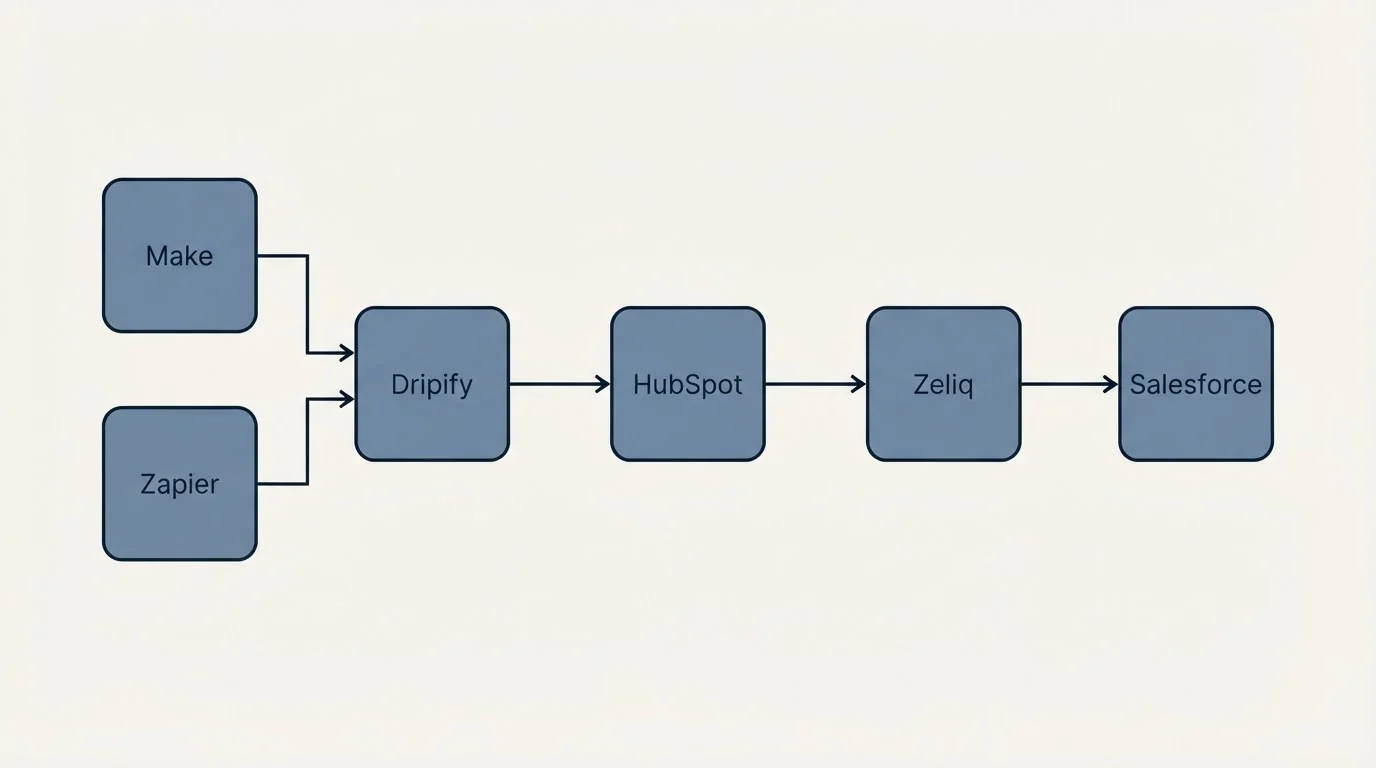 Integration schematic: Integration Ecosystem (Dripify, Zeliq, HubSpot, Make)