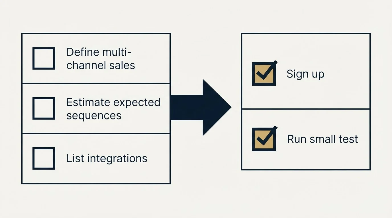 Before-and-after steps: Getting Started Checklist (Define multi-channel sales, Estimate expected sequences, List integrations, Sign up)