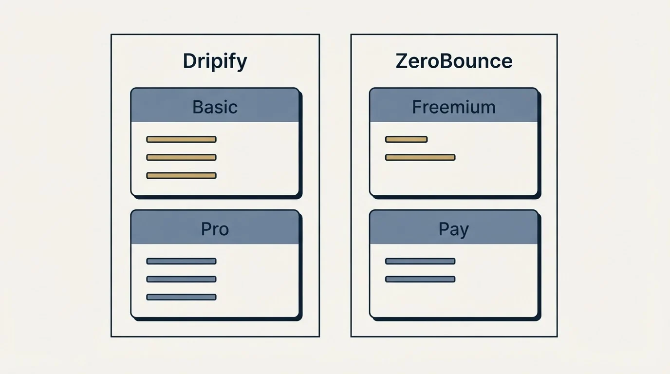 Pricing panels: Pricing Comparison (Dripify, ZeroBounce, Basic, Freemium)