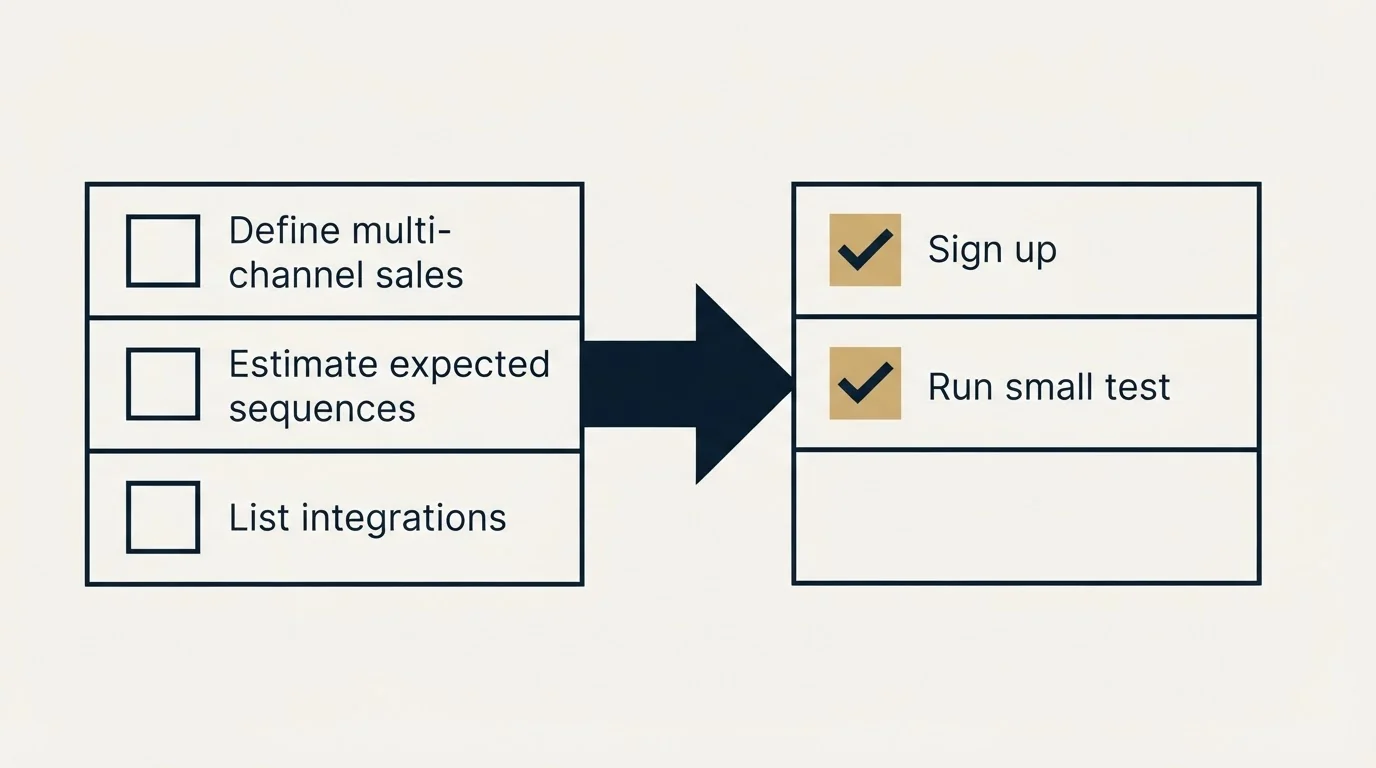 Before-and-after steps: Getting Started Checklist (Define multi-channel sales, Estimate expected sequences, List integrations, Sign up)