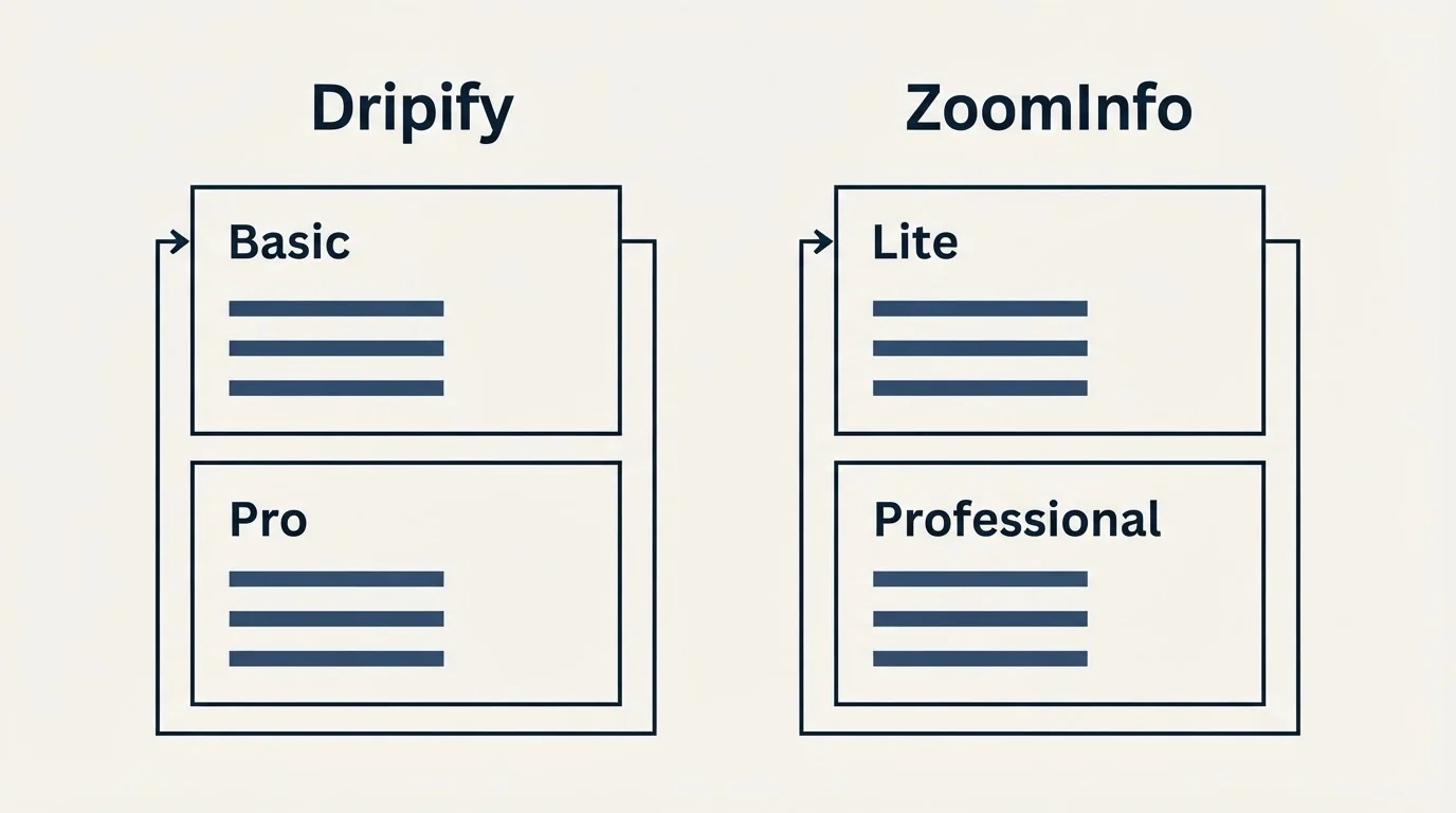 Pricing panels: Pricing Comparison (Dripify, ZoomInfo, Basic, Lite)