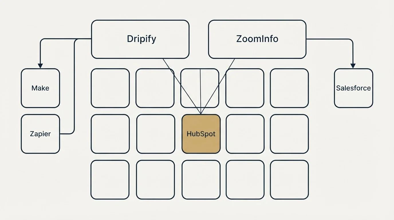 Integration grid: Integration Ecosystem (Dripify, ZoomInfo, HubSpot, Make)