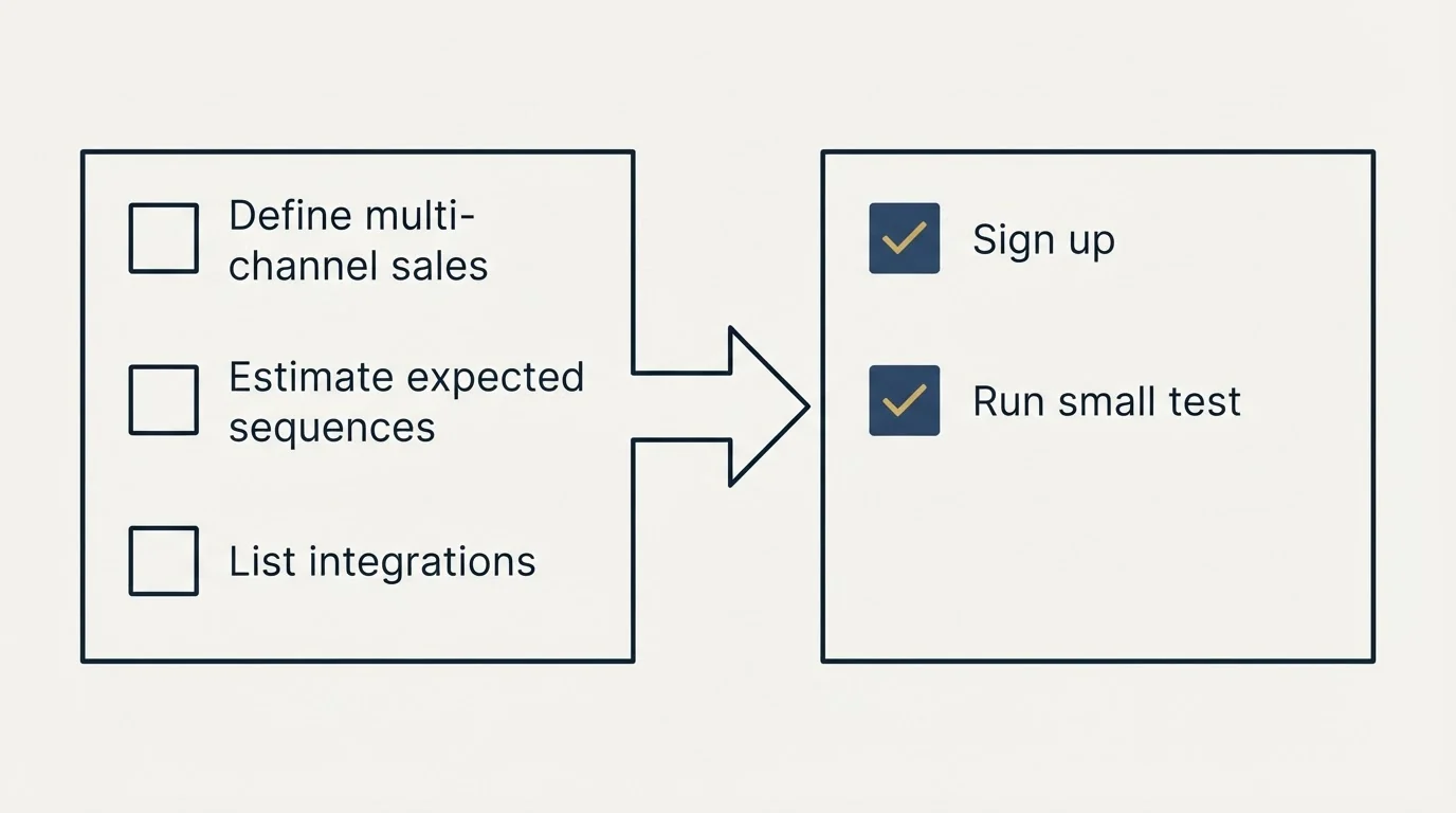 Before-and-after steps: Getting Started Checklist (Define multi-channel sales, Estimate expected sequences, List integrations, Sign up)
