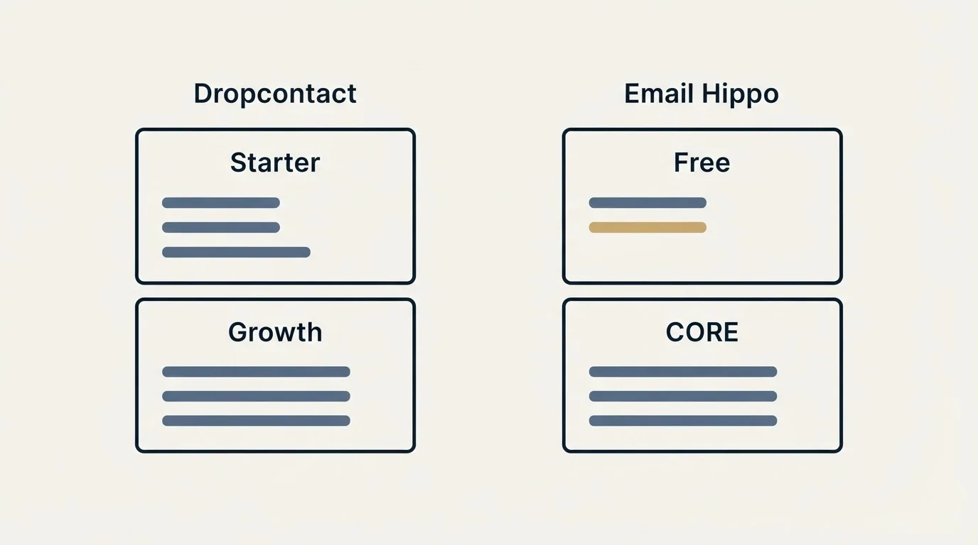 Pricing panels: Pricing Comparison (Dropcontact, Email Hippo, Starter, Free)