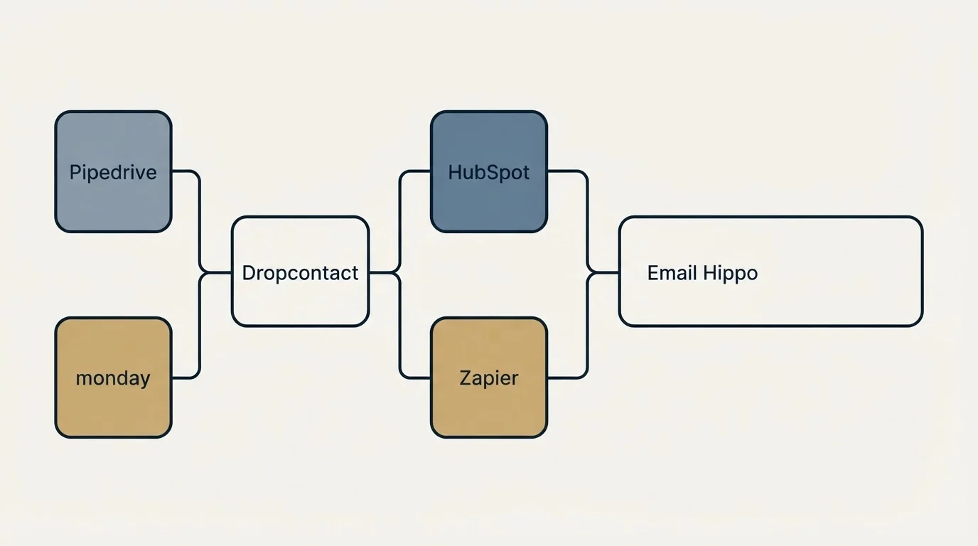 Integration flow: Integration Ecosystem (Dropcontact, Email Hippo, HubSpot, Zapier)