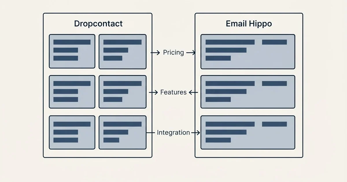 Comparison panel: Dropcontact vs Email Hippo (Pricing, Features, Integration)