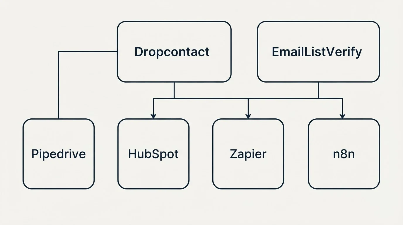 Integration grid: Integration Ecosystem (Dropcontact, EmailListVerify, HubSpot, Zapier)