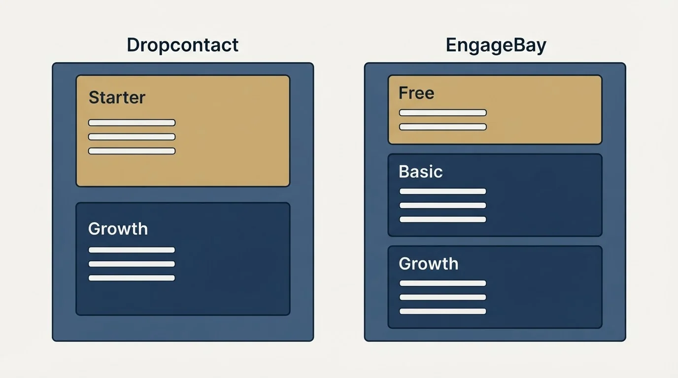 Pricing panels: Pricing Comparison (Dropcontact, EngageBay, Starter, Free)