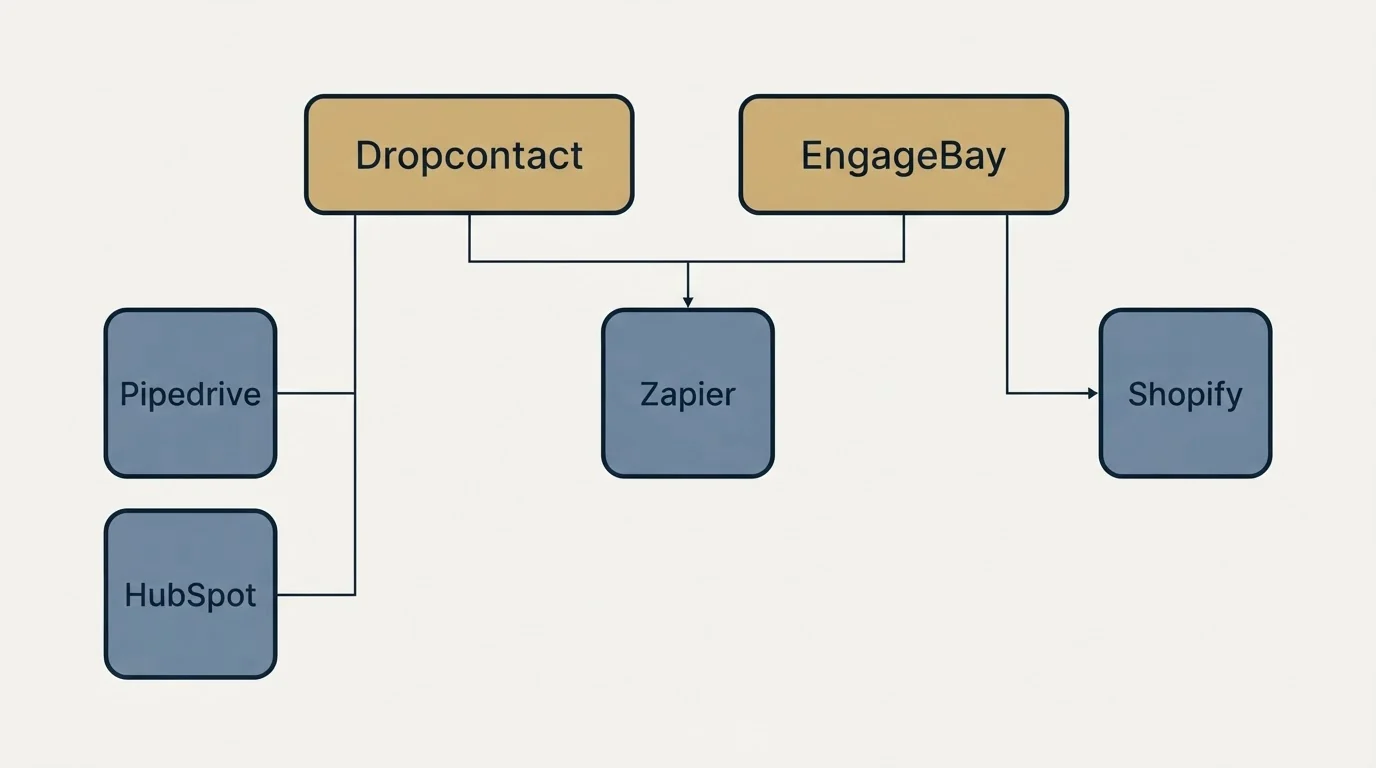 Integration grid: Integration Ecosystem (Dropcontact, EngageBay, Zapier, Pipedrive)