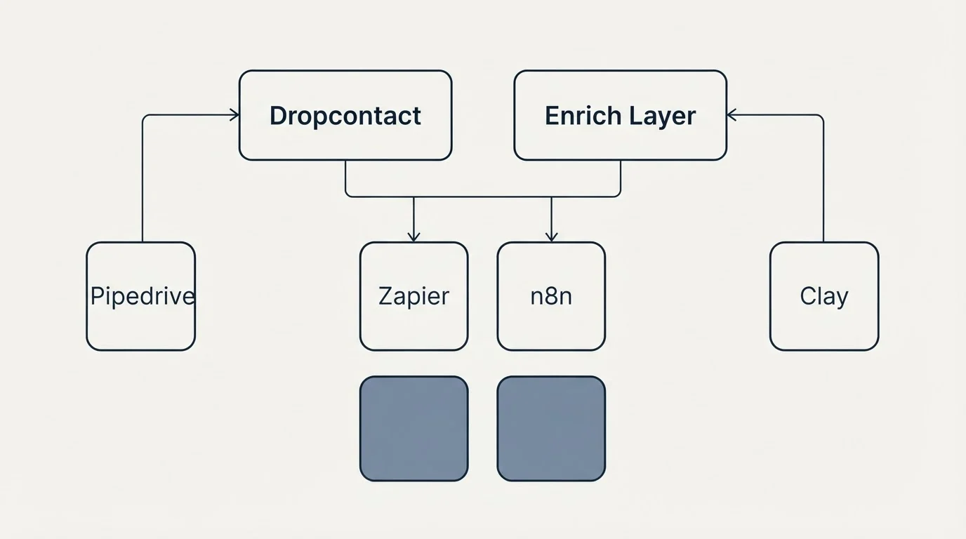 Integration grid: Integration Ecosystem (Dropcontact, Enrich Layer, Zapier, n8n)