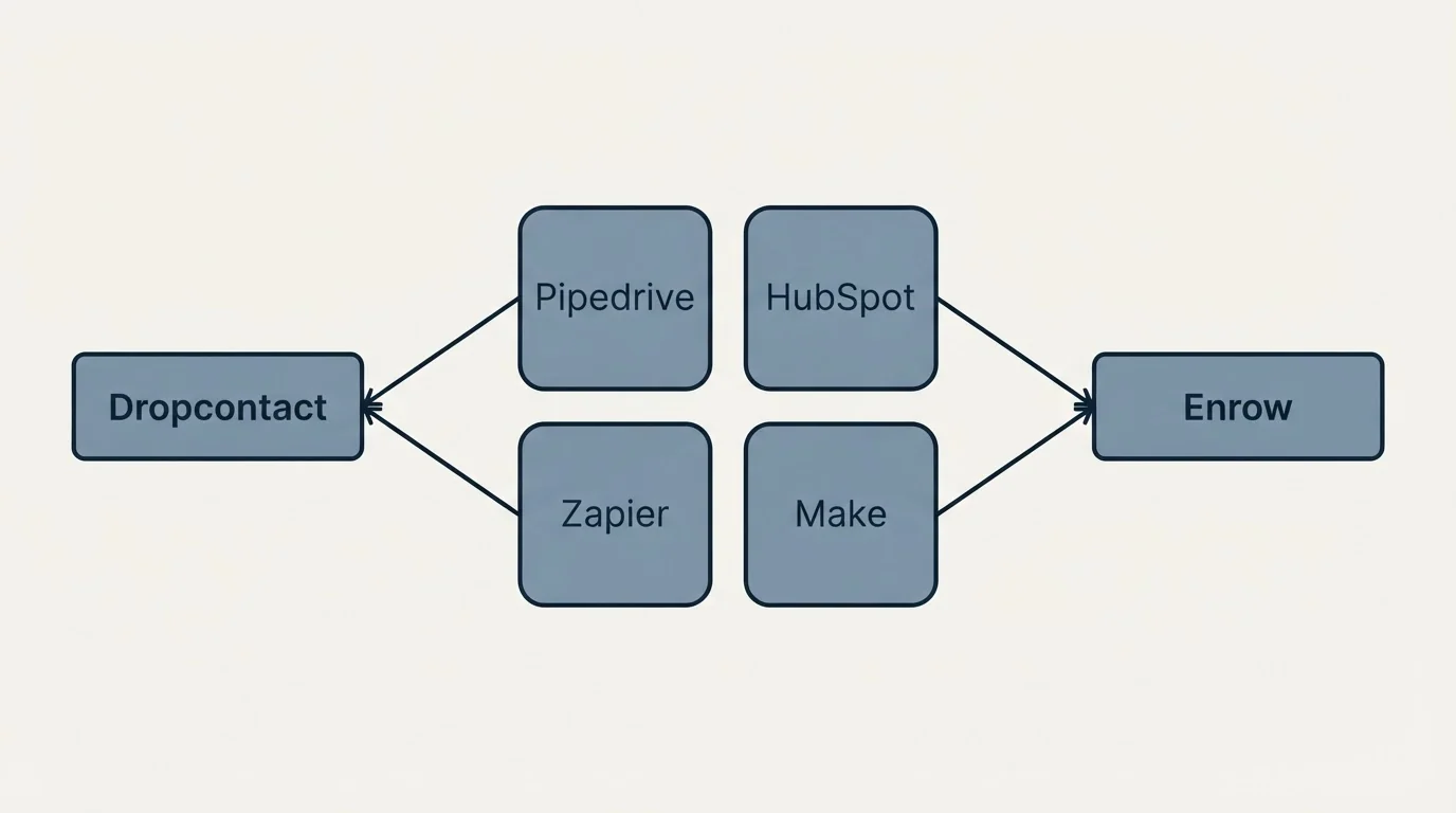 Integration schematic: Integration Ecosystem (Dropcontact, Enrow, Pipedrive, HubSpot)