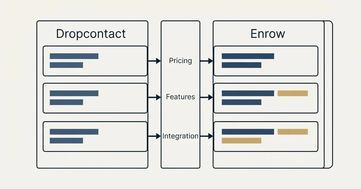 Comparison panel: Dropcontact vs Enrow (Pricing, Features, Integration)