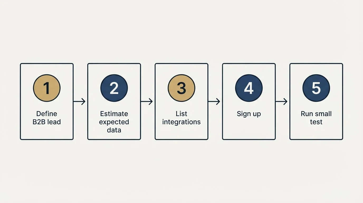 Step sequence: Getting Started Checklist (Define B2B lead, Estimate expected data, List integrations, Sign up)