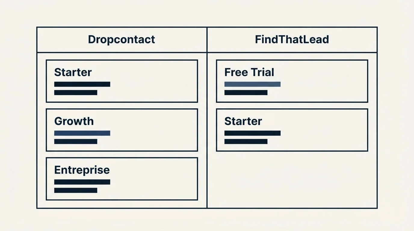 Pricing table: Pricing Comparison (Dropcontact, FindThatLead, Starter, Free Trial)