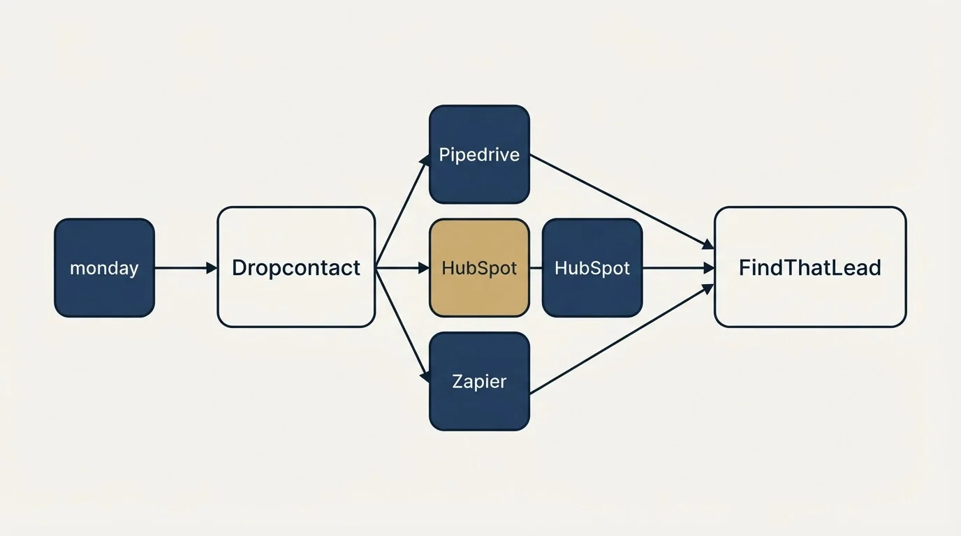 Integration schematic: Integration Ecosystem (Dropcontact, FindThatLead, Pipedrive, HubSpot)