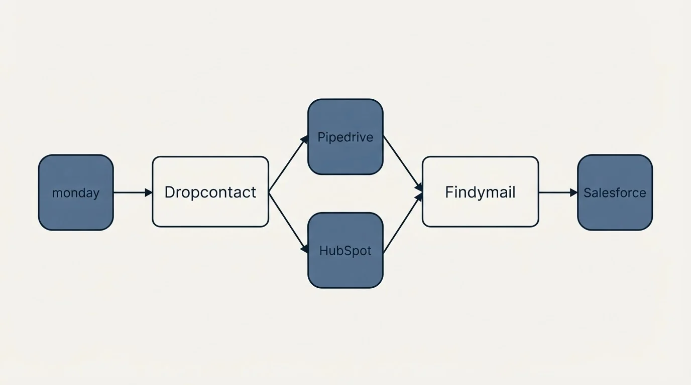 Integration schematic: Integration Ecosystem (Dropcontact, Findymail, Pipedrive, HubSpot)