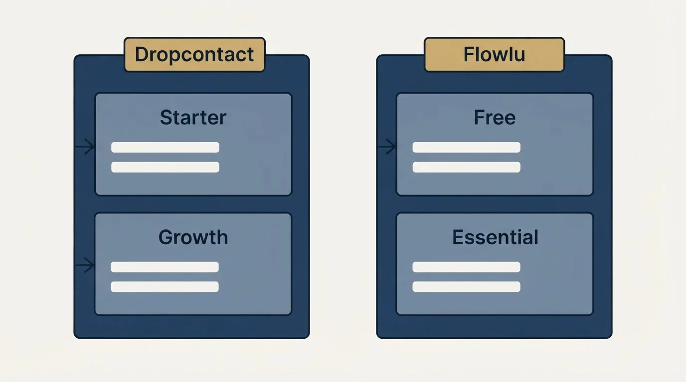 Pricing panels: Pricing Comparison (Dropcontact, Flowlu, Starter, Free)