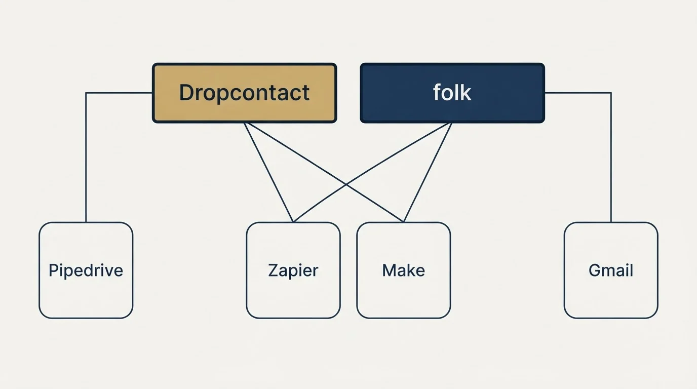 Integration grid: Integration Ecosystem (Dropcontact, folk, Zapier, Make)