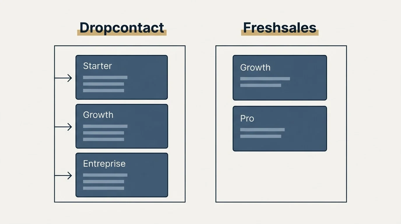 Pricing panels: Pricing Comparison (Dropcontact, Freshsales, Starter, Growth)