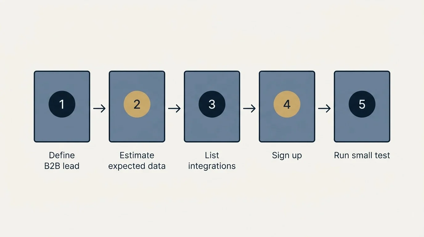 Step sequence: Getting Started Checklist (Define B2B lead, Estimate expected data, List integrations, Sign up)