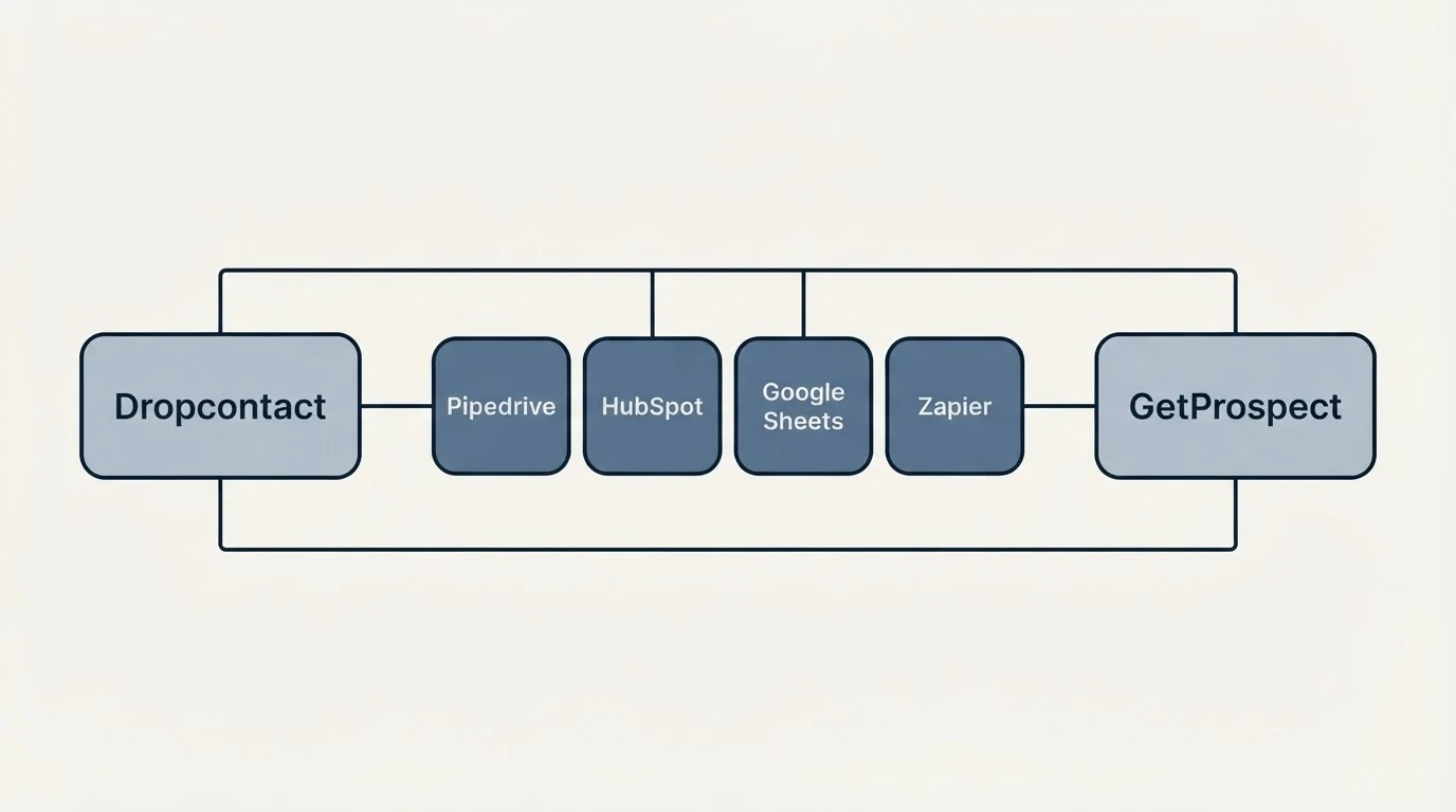 Integration schematic: Integration Ecosystem (Dropcontact, GetProspect, Pipedrive, HubSpot)