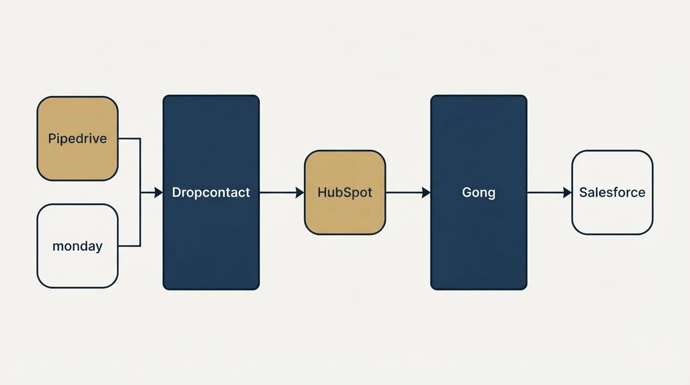 Integration schematic: Integration Ecosystem (Dropcontact, Gong, HubSpot, Pipedrive)