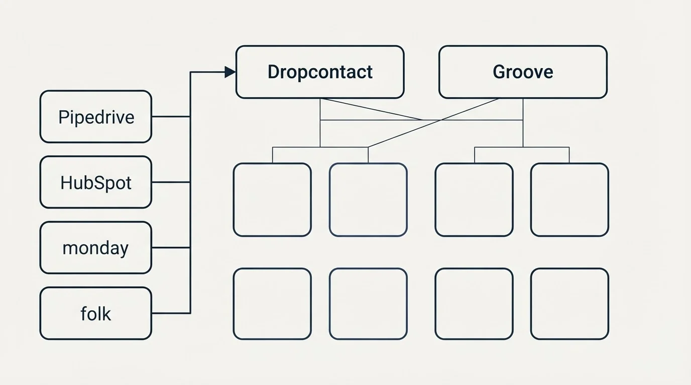 Integration grid: Integration Ecosystem (Dropcontact, Groove, Pipedrive, HubSpot)